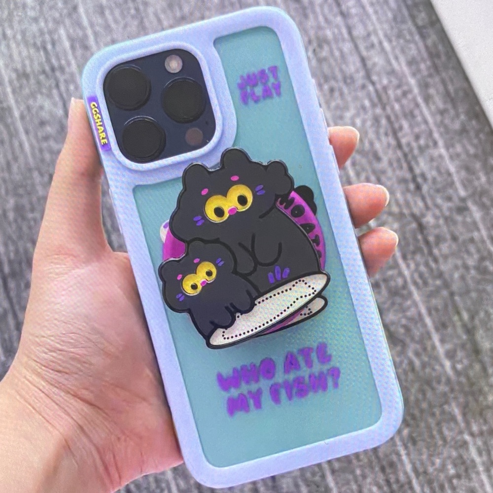 Cute Black Cat Phone Case with Blue Accents